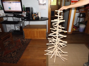 Steve's prototype most awesome new Christmas tree. We haven't sprayed it green yet but it has spacers between the "limbs" and we can move the limbs around to wherever we like